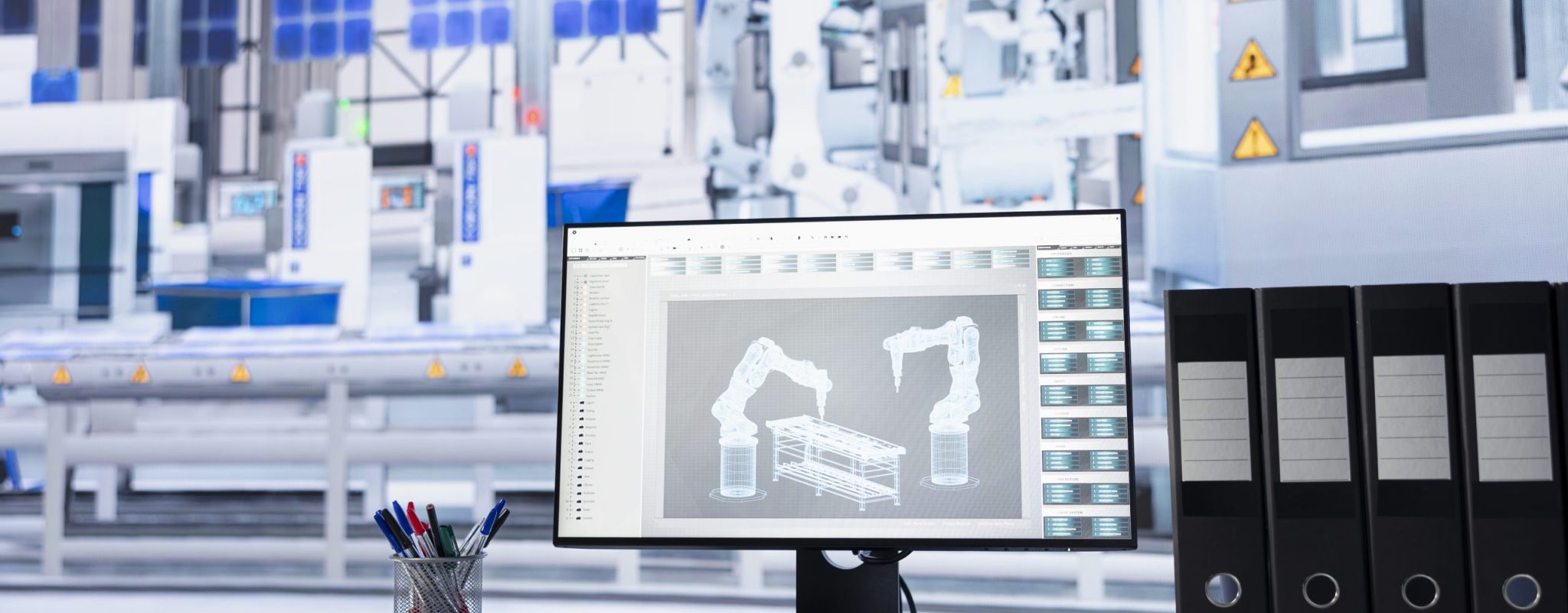 PC screen used to adjust empty photovoltaics facility system parameters, increasing performance. Computer desk in modern solar cells manufacturing plant optimizing energy supply