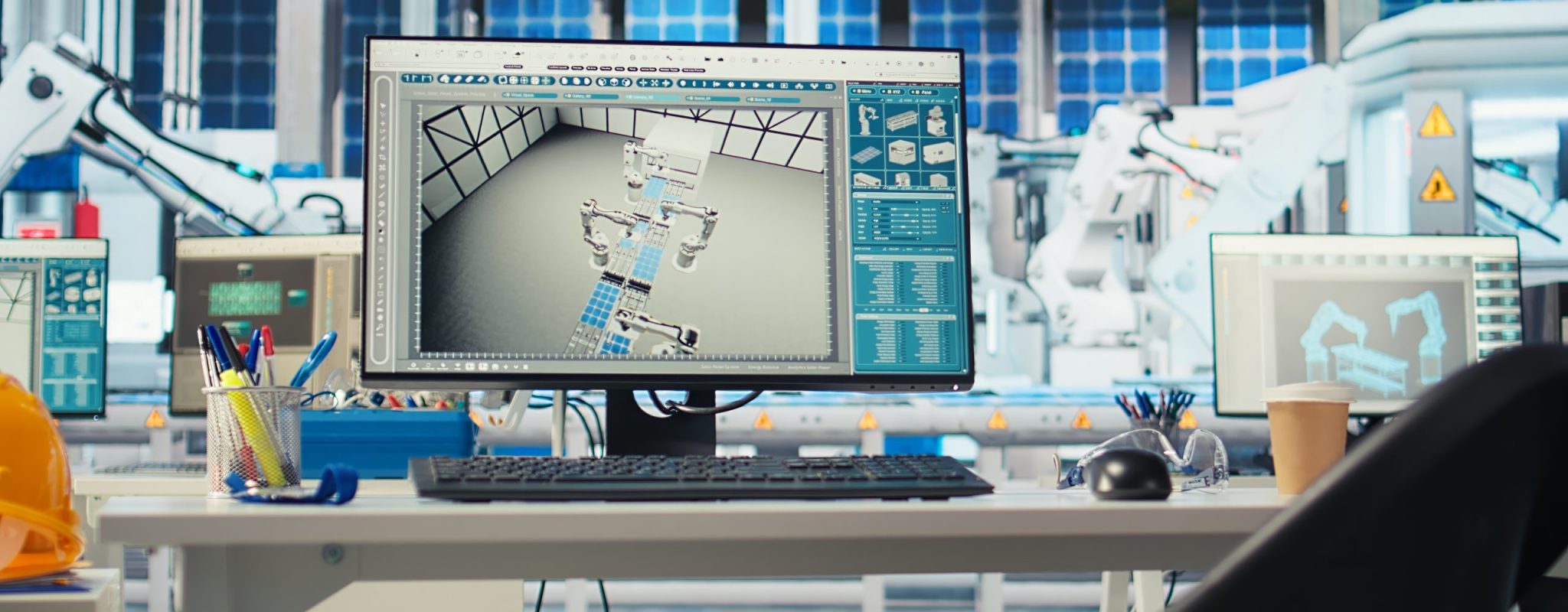 PC monitor in solar panels manufacturing plant used to study solar energy systems. Computer display on desk in empty photovoltaics factory used to improve efficiency and innovate